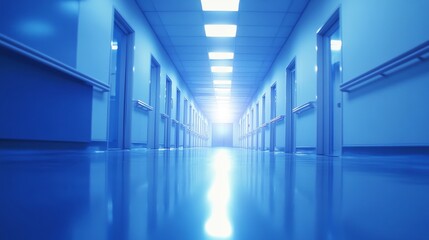 Abstract defocused blurred technology space background in a modern medical corridor featuring empty hospital or laboratory environment for healthcare and scientific visuals.