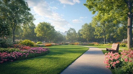 Obraz premium Serene park path with blooming flowers and bench.