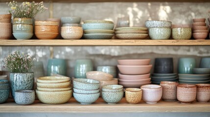 A shelf filled with handmade ceramic plates, bowls, and vases in soft pastel hues, illuminated by warm light