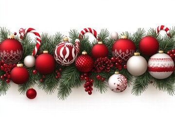 Christmas Garland Border with Red and White Ornaments