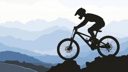 Obraz premium Silhouette of a male mountain biker climbing a rugged hill against a tranquil blue mountain backdrop.