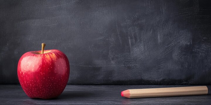 Back to school concept featuring an apple and chalk on a blackboard background, perfect for a web banner format emphasizing the back to school theme with ample copy space. - Powered by Adobe