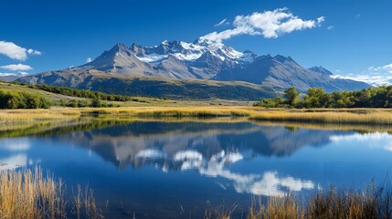 Serene mountain landscape reflecting in a tranquil lake under a blue sky.