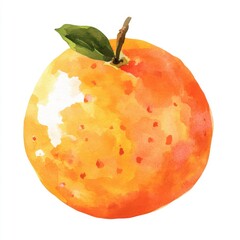 A vibrant, hand-painted watercolor illustration of an orange with a green leaf, showcasing bright hues.