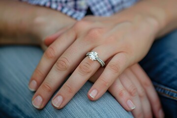 Woman wearing a beautiful diamond engagement ring on her finger