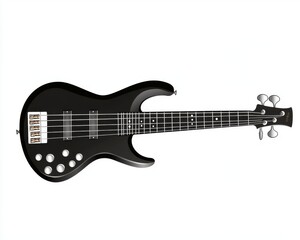 Fototapeta premium A sleek black electric bass guitar with a modern design and detailed features, perfect for music enthusiasts.