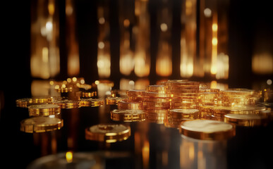 Obraz premium A luxurious arrangement of golden coins and bars, gleaming under warm light, evoking wealth and prosperity in a rich and elegant setting.