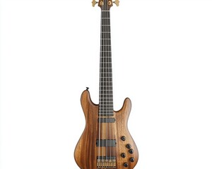 Fototapeta premium Stylish electric bass guitar with a rich wooden finish, featuring six strings and sleek design.