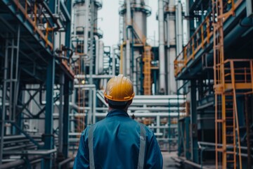 Fototapeta premium Engineer wearing hardhat and standing in front of large industrial pipelines and distillation towers