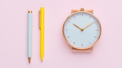 A stylish flat lay featuring a pastel blue clock and colorful pens against a pink background, perfect for a modern workspace aesthetic.