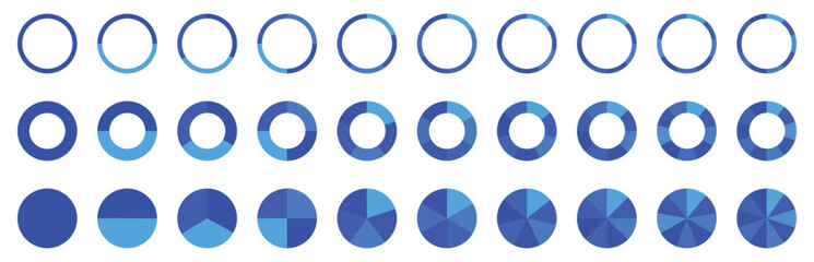 Pie charts diagrams. Different color circles isolated. Infographic element round shape. Circle section graphs. Pie chart divided 1,2,3,4,5,6,7,8,9,10 equal parts.