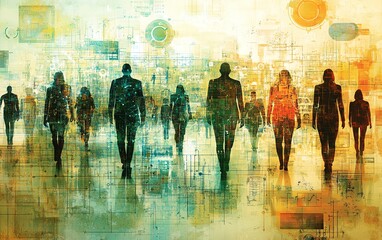 An intricate web of interconnected people and machines, symbolizing the fusion of human and technological networks