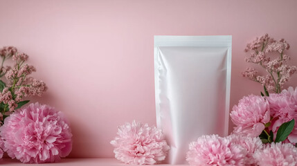 Fototapeta premium Clear Poly Bag with Resealable Zip Filled with Peony Root Extract, Set Against a Soft Pink Pastel Background, Delicate and Feminine Look