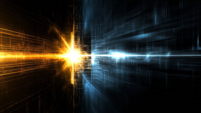 abstract background featuring dynamic lines of orange and blue light, creating sense of chaos and energy. This visually striking image evokes feelings of movement and depth