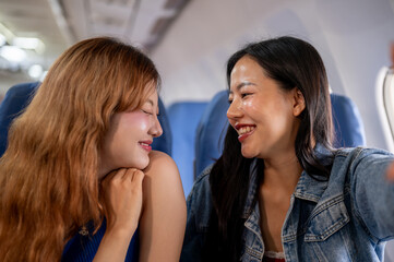 Fototapeta premium Two cheerful Asian female friends enjoy taking a selfie together during the flight.
