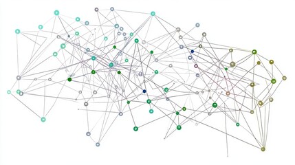 Abstract network illustration with interconnected nodes and lines in various shades of green and blue.