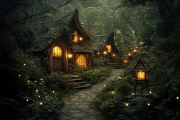 Enchanting Fairy Tale Cottages in a Magical Forest at Night