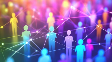 Silhouettes of diverse individuals interconnected with vibrant, colorful lines representing networking and community.
