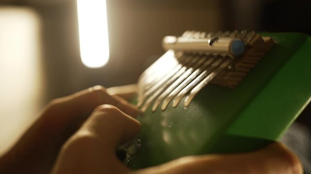 Green kalimba resonating, metal tines vibrating under skilled musician's fingers, creating warm, traditional african musical expression with intimate close-up detail