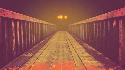 enigmatic bridge to a fog-covered island: a cinematic hdr poster for sports interiors, featuring distant bright lights that inspire adventure and mystery.