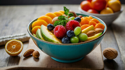Healthy food concept with fresh vegetables, fruits, and nuts in a colorful bowl, promoting a clean eating lifestyle.