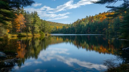 Scenic autumn landscape reflecting on a serene lake.