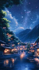 Obraz premium Serene night scene in a tranquil riverside village under a starry sky.