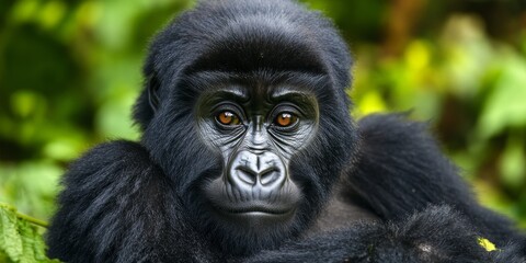 Obraz premium Close up of a wild mountain gorilla in its natural habitat, showcasing this rare and endangered species. The mountain gorilla, a big and charismatic creature, represents African wildlife.