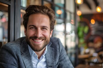 Obraz premium Portrait of a smiling businessman enjoying a relaxing break inside a coffee shop