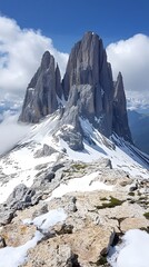 Obraz premium Majestic mountain peak surrounded by snow and clouds on a bright day.