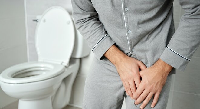 A man in pajamas in the toilet. Prostatitis. Health of a man. An adult male experiencing pain in groin area. A frequent desire to urinate. Discomfort. Bladder