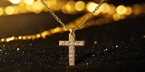 Elegant gold Christian cross necklace featuring sparkling diamonds, ideal as a baptism gift or a cherished religious accessory, making it a perfect keepsake for special occasions.