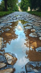 Fototapeta premium A serene pathway reflecting trees and sky in a puddle after rain.