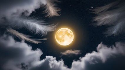 which gradually lightens to a soft, serene blue towards the top. The atmosphere is dreamy, expansive, and peaceful, with a subtle mistiness that adds depth and mystery to the scene. The moon's gentle 