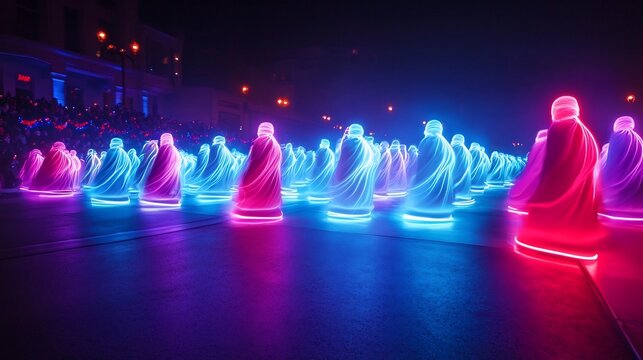 Enchanting Patriotic Parade Showcasing Holographic Neon Floats in Sleek Futuristic
