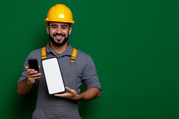 Man in a hard hat is holding a cell phone and a tablet. He is smiling and he is happy