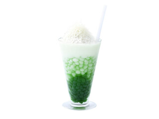 Cendol, shaved ice dessert with pandan jelly noodles, coconut milk and palm sugar syrup, served in tall glass, garnished with