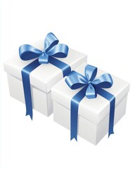 Obraz premium Two elegant white gift boxes adorned with shiny blue ribbon bows, perfect for any celebration.