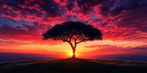 Obraz premium The silhouette of a tree is beautifully highlighted by a stunning sunrise, creating a mesmerizing scene where the tree s shadow intertwines with the colors of the sunrise.