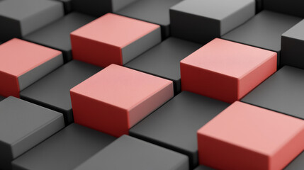 Fototapeta premium Textured abstract background featuring red and black cubes arranged in chaotic pattern, creating visually striking composition. interplay of colors and shapes evokes sense of modern design and