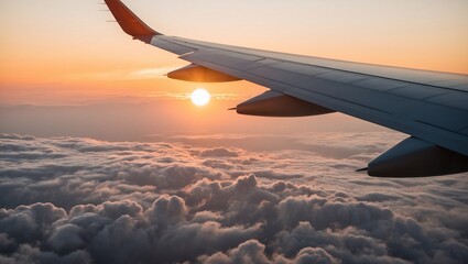 A magnificent image showing a plane wing extending into a sweeping expanse of clouds, poised...