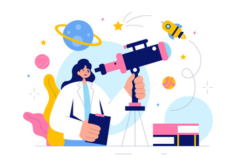 Astronomy Vector Illustration featuring People Observing a Starry Night Sky with Galaxies and Planets in Outer Space Using Telescopes in a Background