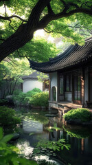 Palace pavilions by the river, white walled and black tiled buildings, ancient trees