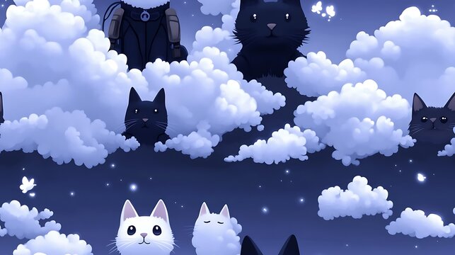 Majestic cats wearing tiny adventure gear, standing atop a mountain peak made of soft clouds, looking out at a glowing horizon, surreal and whimsical, hd quality. --ar 16:9 --sref https://s.mj.