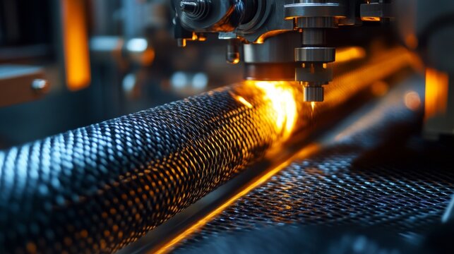 Close-up of industrial machine processing carbon fiber composite material. (1)
