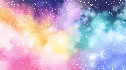 Obraz premium abstract background featuring blend of pastel colors, including pink, blue, yellow, and purple, creating dreamy and ethereal atmosphere filled with soft clouds and sparkling stars