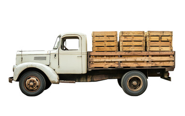 White Truck from the Side with Wooden Cargo Crates isolated on transparent Background