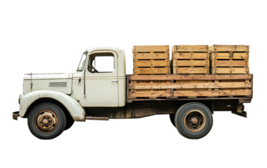 White Truck from the Side with Wooden Cargo Crates isolated on transparent Background