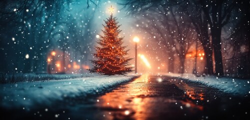 Christmas Tree in Snowy Winter Night
