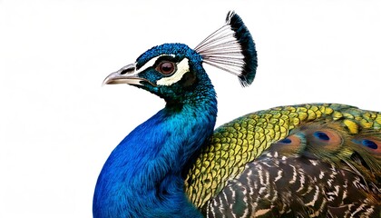 Obraz premium A peacock on a white background, showcasing its vibrant feathers and majestic posture, symbolizing grace and beauty